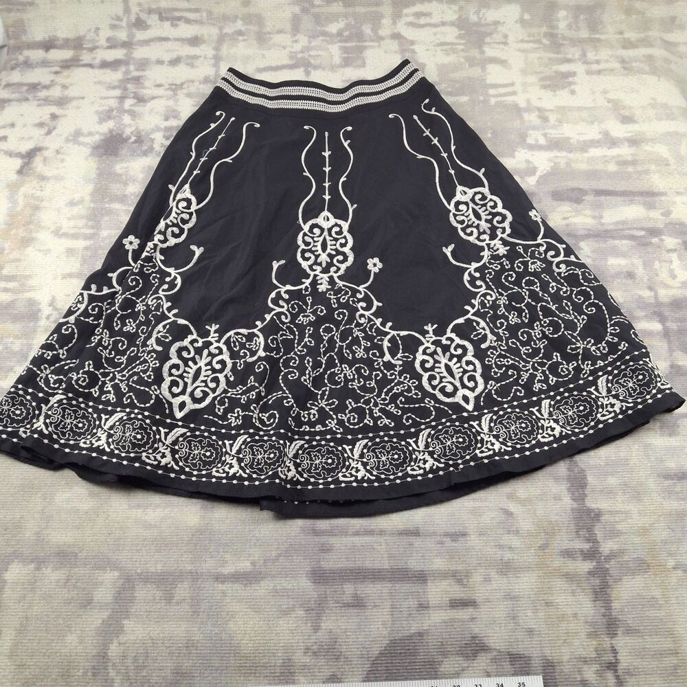 Coldwater Creek Black Embroidered Midi Skirt S Cotton Boho Whimsigoth A-Line